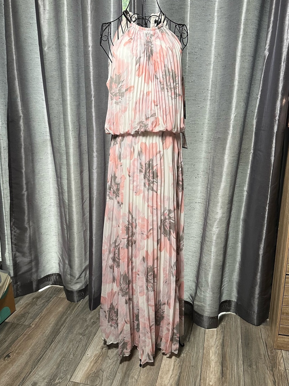 MSK Pink and Gray Floral Halter Dress with Pleats